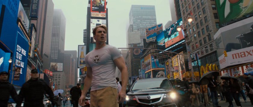 Steve Rogers in a modern Times Square.