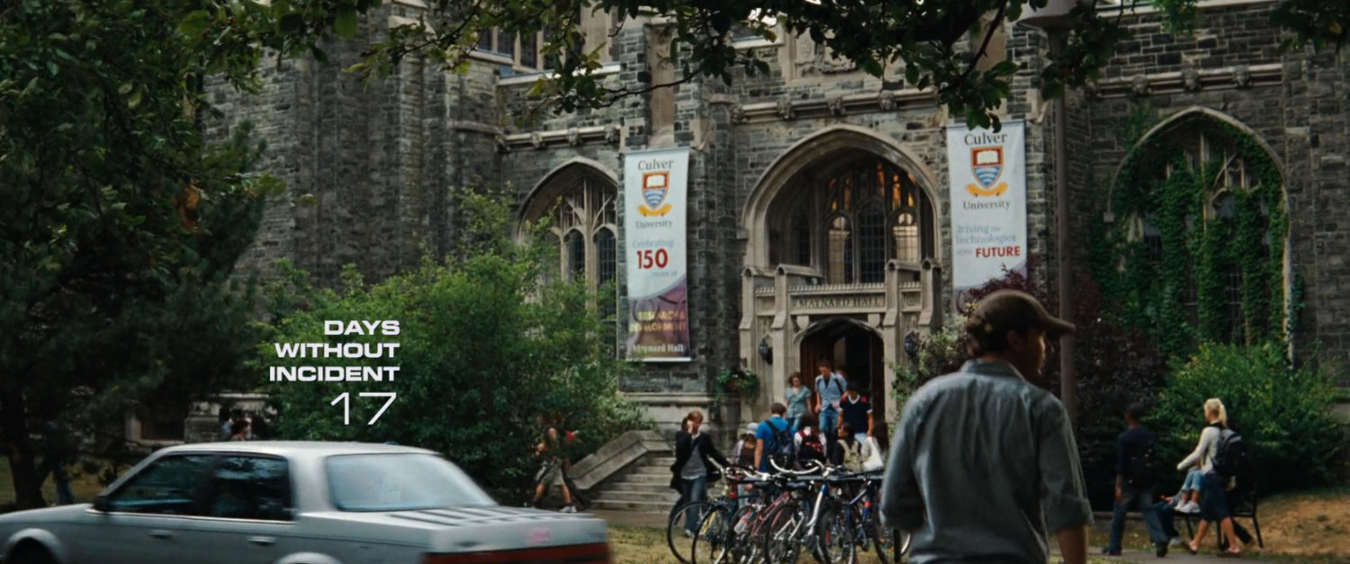 Exterior of Culver University. text: Days without incident 17.