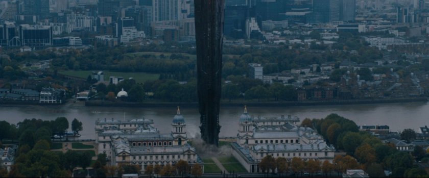 Aerial of the University of Greenwich with alien ship.