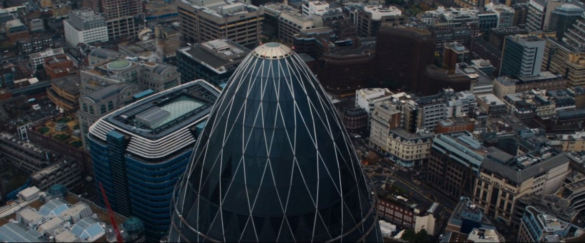 Aerial view of the London Gherkin building.