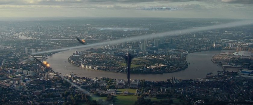Aerial of London with strange alien ship over University of Greenwich.