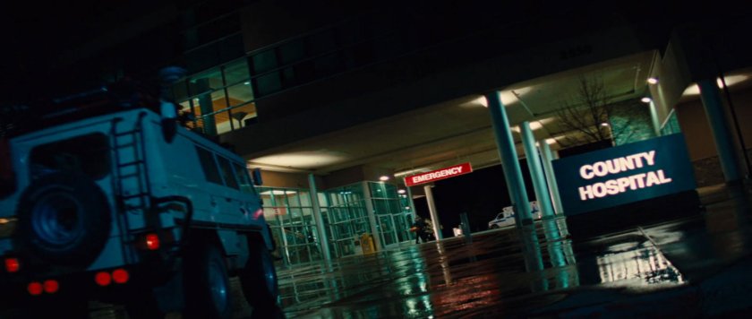 Nighttime exterior of County Hospital Emergency Room.