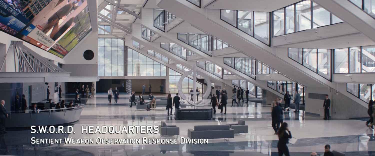 Interior of SWORD Headquarters. Text: SWORD Headquarters, Sentient Weapon Observation Response Division.