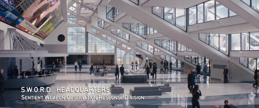 Interior of SWORD Headquarters. Text: SWORD Headquarters, Sentient Weapon Observation Response Division.