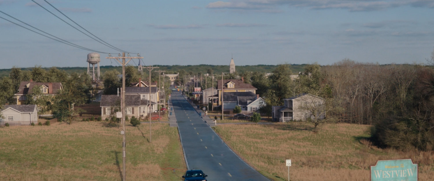 High angle view of road entering town of Westview.