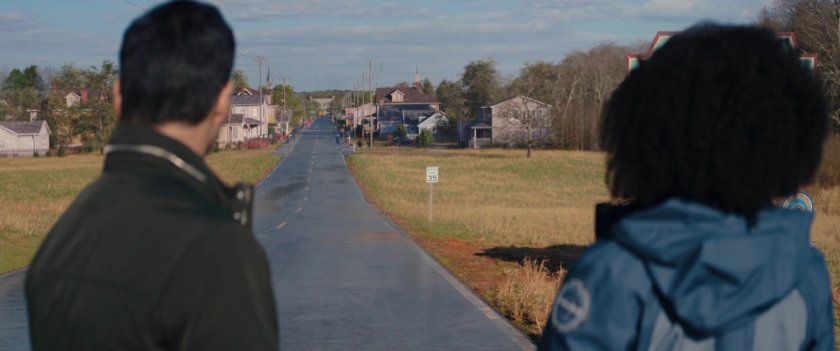 Jimmy and Monica look up the street into town of Westview.