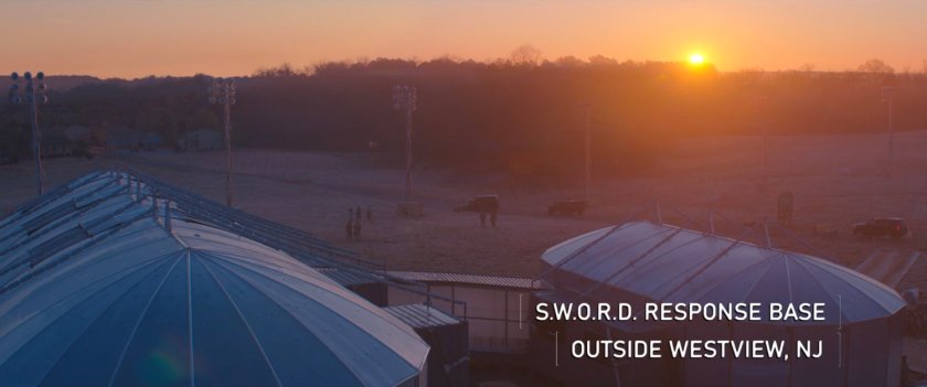 Sunset over temporary military base. Text: SWORD Response Base, Outside Westview, NJ.