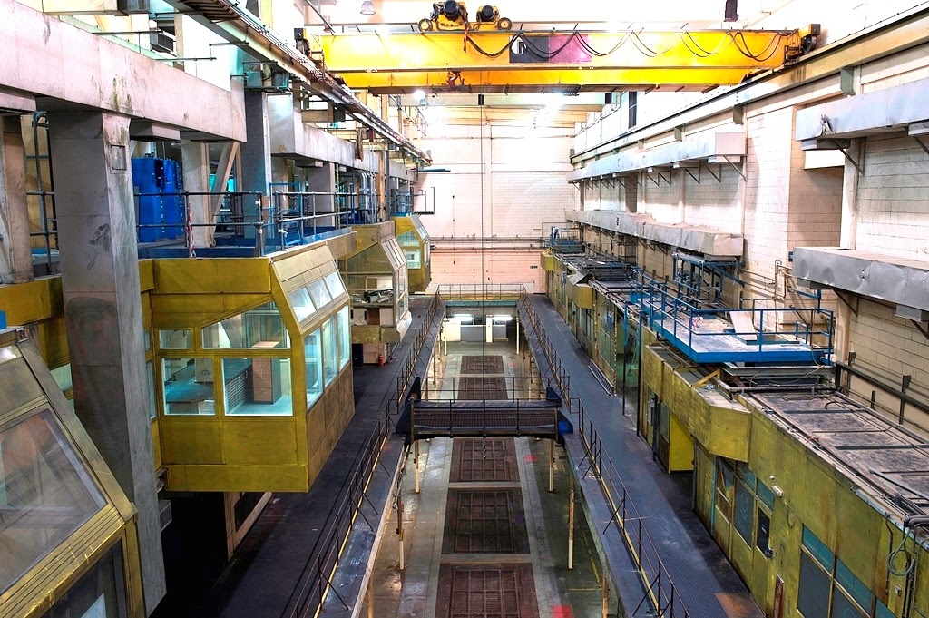 Behind the scenes interior of the printing factory used as a filming location.