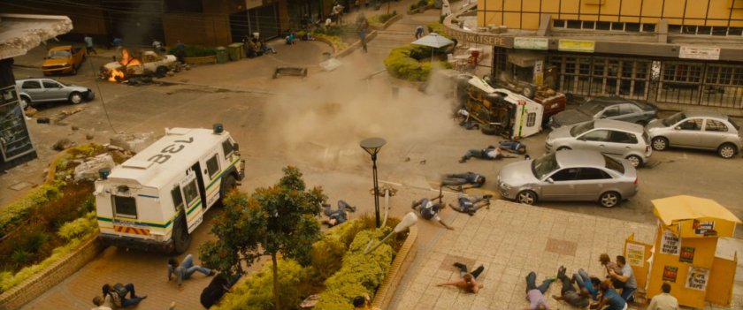High angle view of destroyed intersection.