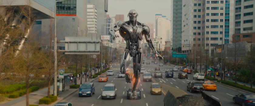 Ultron hovering above Seoul Korea street.