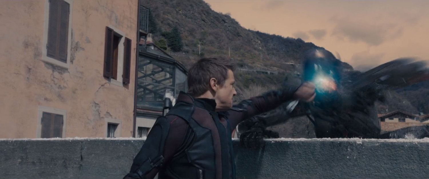 Hawkeye stabs an Ultron drone on a Novi Grad bridge.