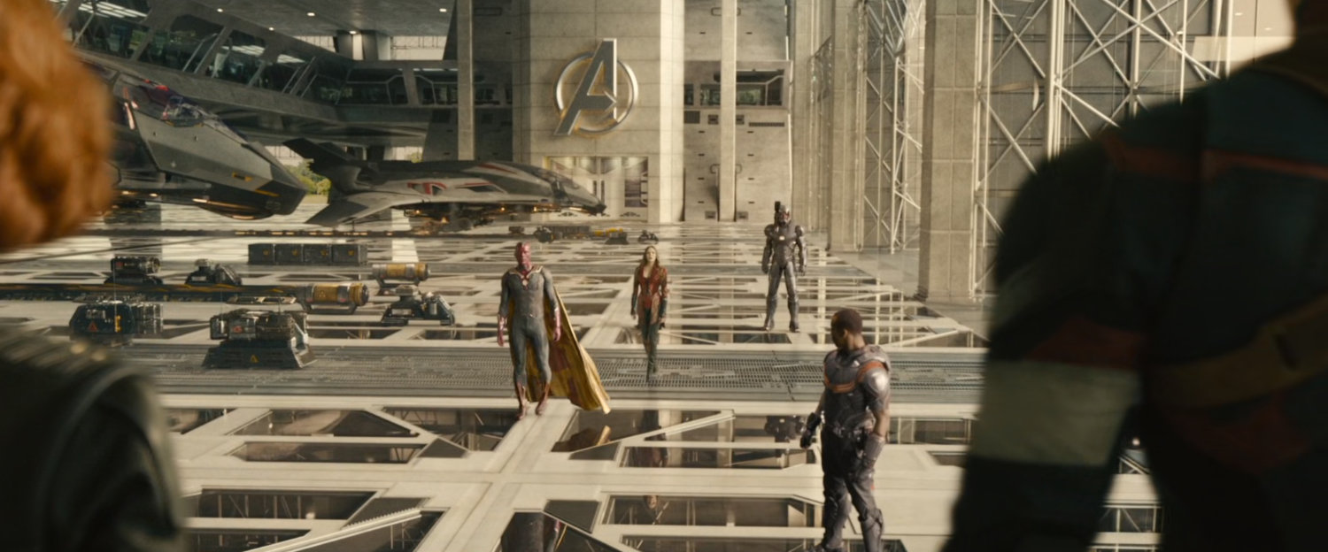 Interior of the Avengers Facility with a gathering of heroes.