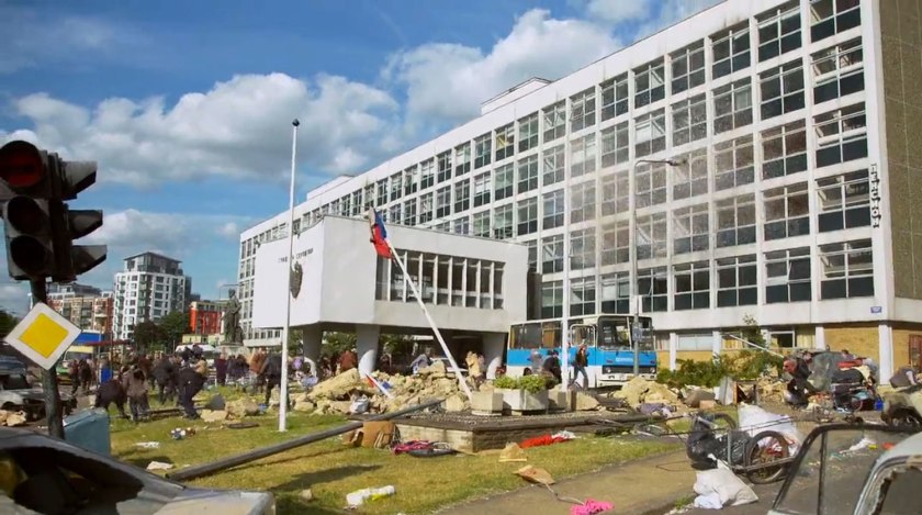 Behind the scenes photo of debris around Peel House.