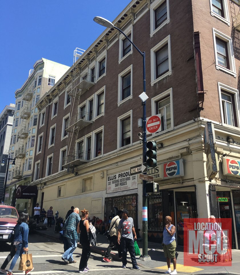 Exclusive exterior of The Milgrom Hotel building filming location from intersection.