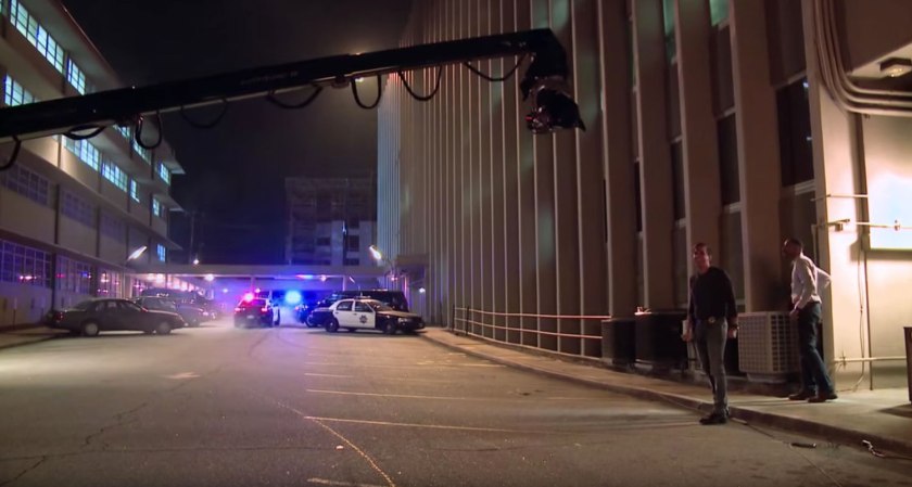 Behind the scenes image of filming location of SFPD parking lot.