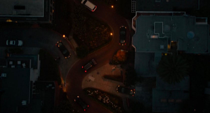 Nighttime aerial view of Lombard street.