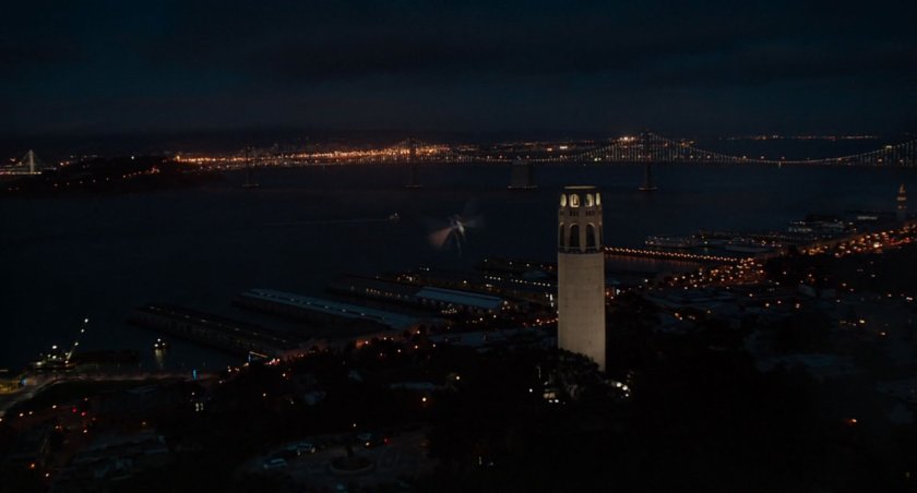 Nighttime aerial view of Coit Tower.