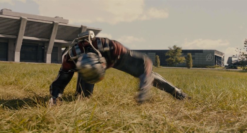 Ant-Man in a field outside the Avengers facility.