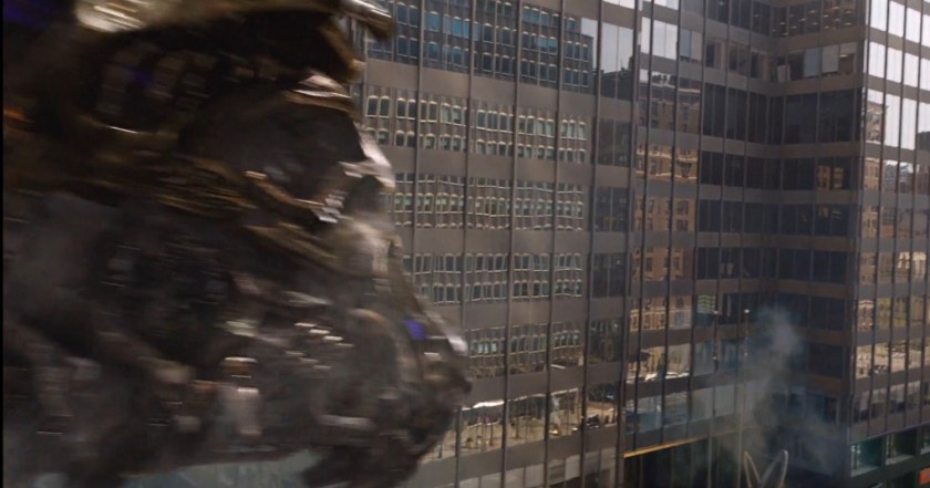 A leviathan flies towards a skyscraper.