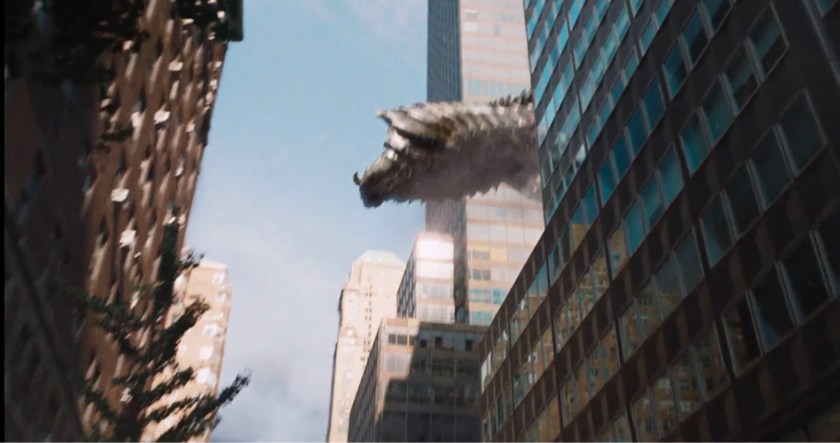 A leviathan flies over a skyscraper.