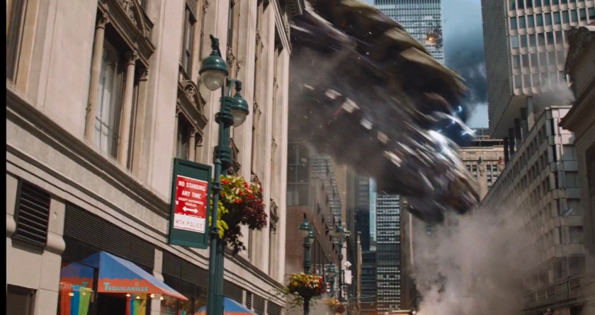 A leviathan flies crashes down into building.