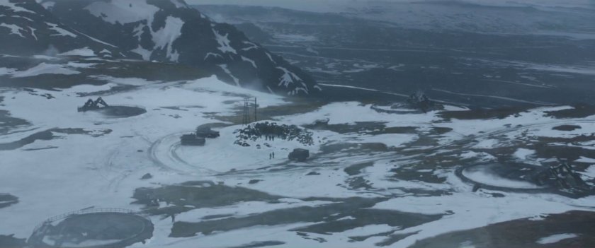 Aerial view of snowy mountain top facility in Siberia.
