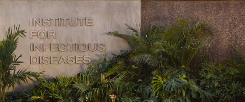 Sign with palms in front of it. text: Institute For Infectious Diseases.