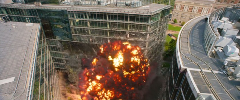 Aerial view of explosion rocking United Nations buildings.