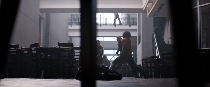 Bucky Barnes fighting people in lobby of Joint Counter Terrorist Centre.