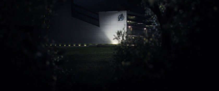 Nighttime exterior of the Avengers Facility.
