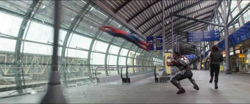 Spider-Man fights Bucky and Sam in the Leipzig/Halle Airport terminal.