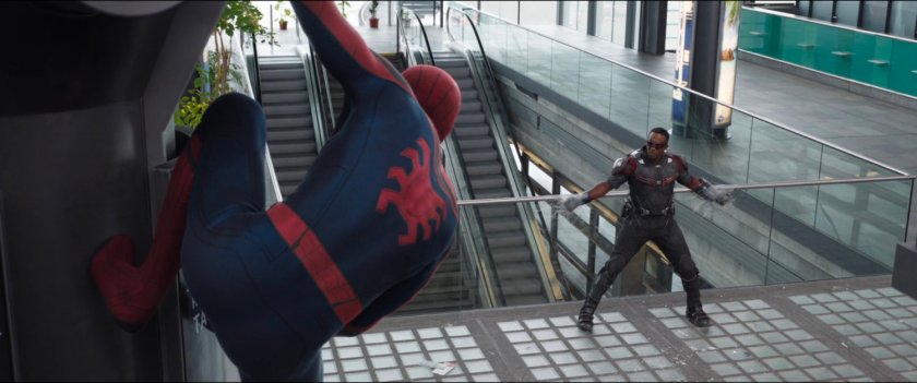 Spider-Man webs Sam in the Leipzig/Halle Airport terminal.