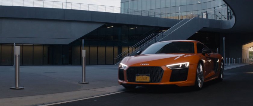 Exterior of the Avengers Facility with Tony's car parked outside.