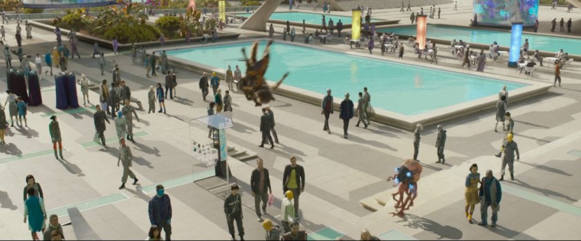 A crowd of civilians in a Xandar plaza.