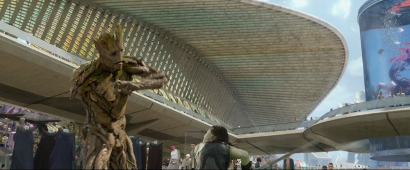 Gamora fights Groot in a Xandar plaza.