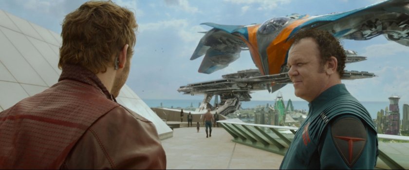 Peter Quill and Corpsman Dey on the Xandar landing platform.