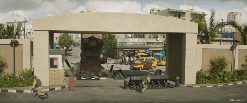 Behind the scenes shot of IFID gate with Atlanta imagery removed with VFX.