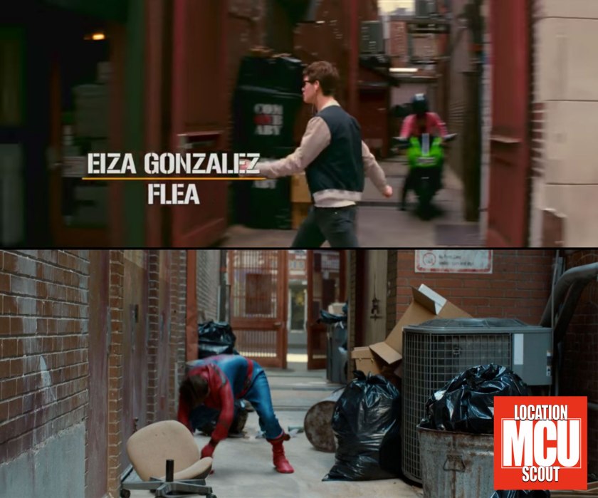 Comparison shot of front of alley from Baby Driver and Peter changing into his Spider-Man outfit in the alley looking out.