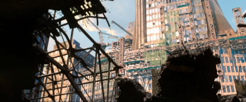 The damaged base of Stark Tower.