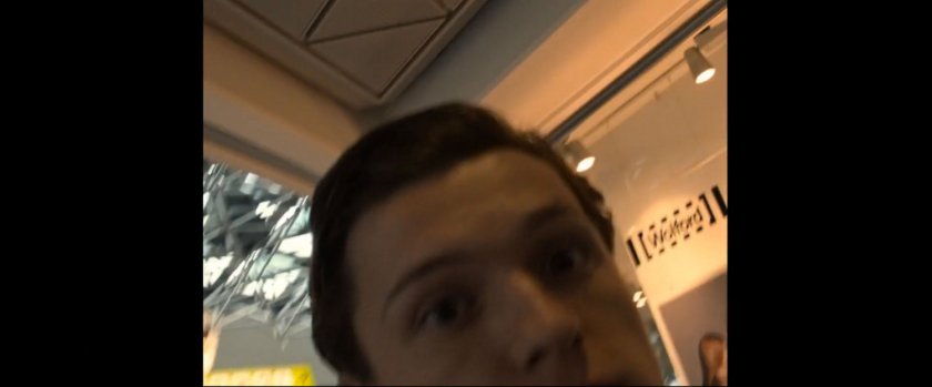 Part of Peter Parker's face and the ceiling distinctive to the Tegel Airport in Germany.