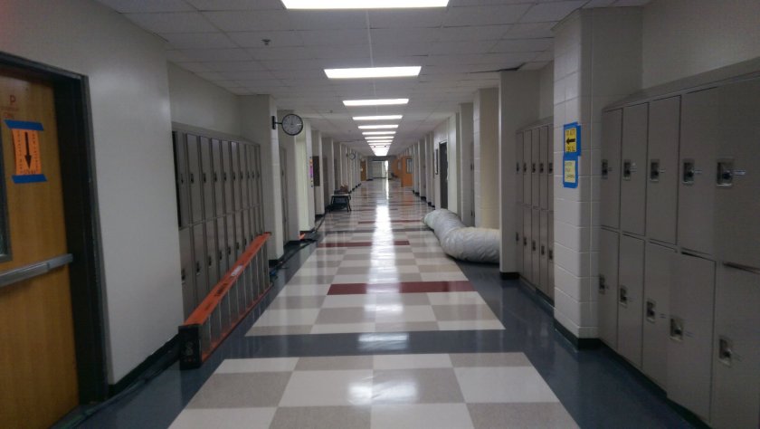 Behind the scenes photo of Grady High School hallway where filming occurred.