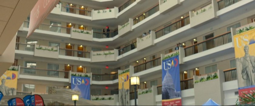 Interior of open atrium of Washington DC hotel.