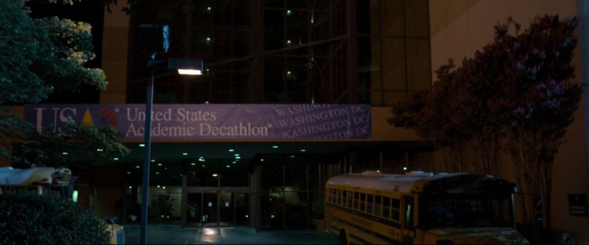 Nighttime exterior of Washington DC hotel.