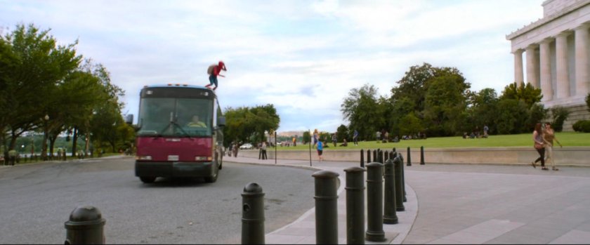 Spider-Man on top of tour bus outside Lincoln Memorial.