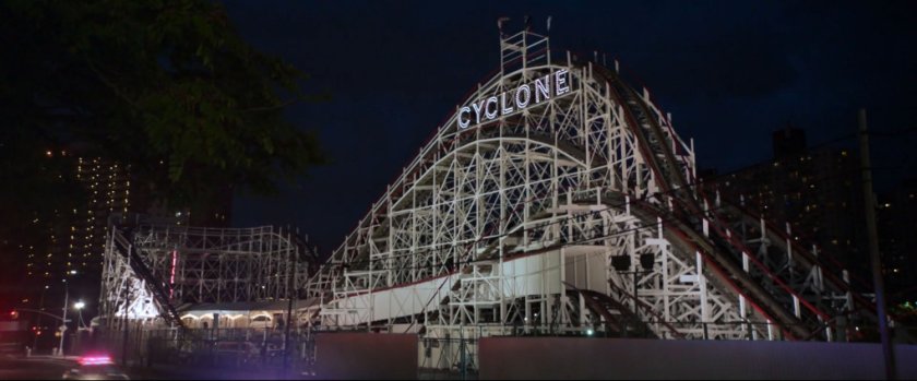 Nighttime view of The Cyclone roller coaster at Coney Island.