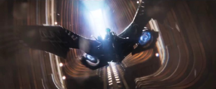 Vulture descending down hotel atrium.