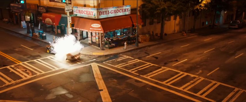 High angle of explosion by the corner Deli-Grocery.
