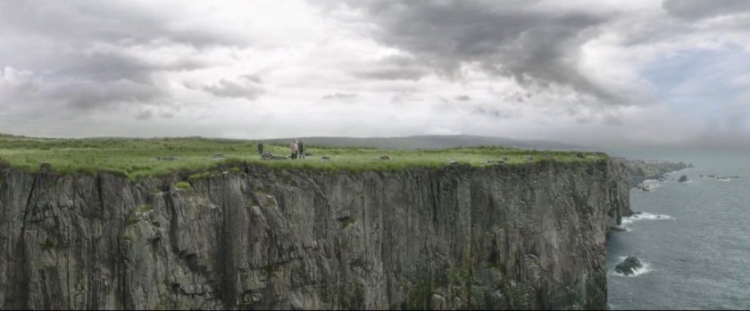 Verdant field on a cliff above ocean.