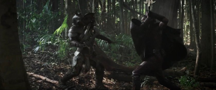 Heimdall fighting opponent in woods.