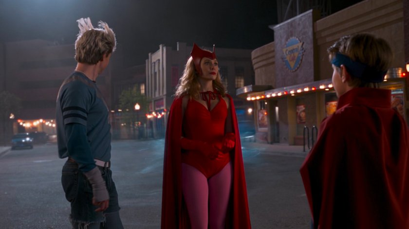 Pietro, Wanda, and Billy in costume in Westview town center.